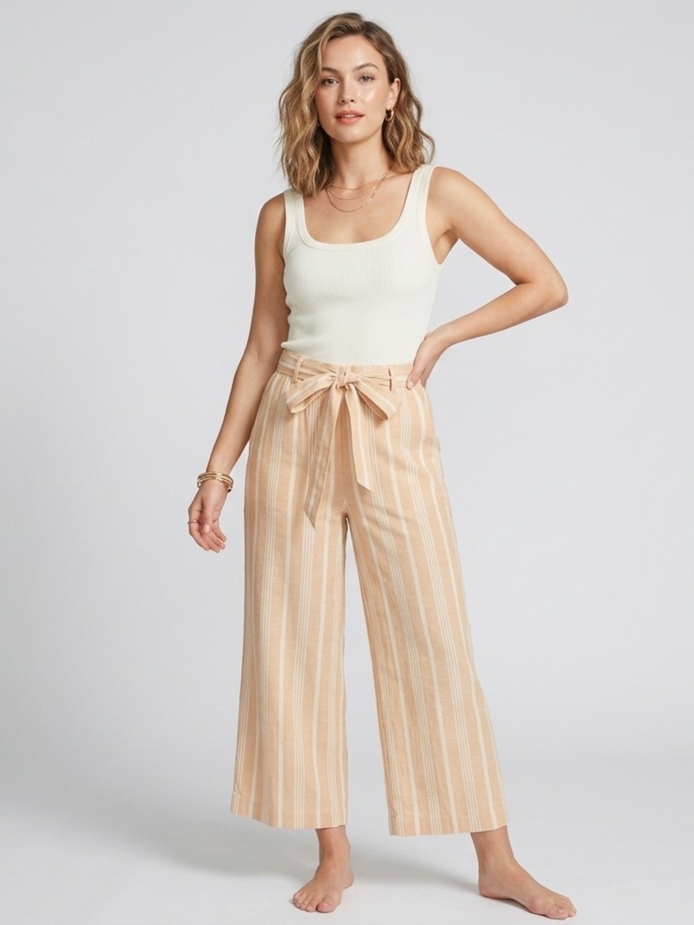 Marine Layer Franki Gold Stripe Wide Leg Pants High Rise Tie Waist Coastal XS